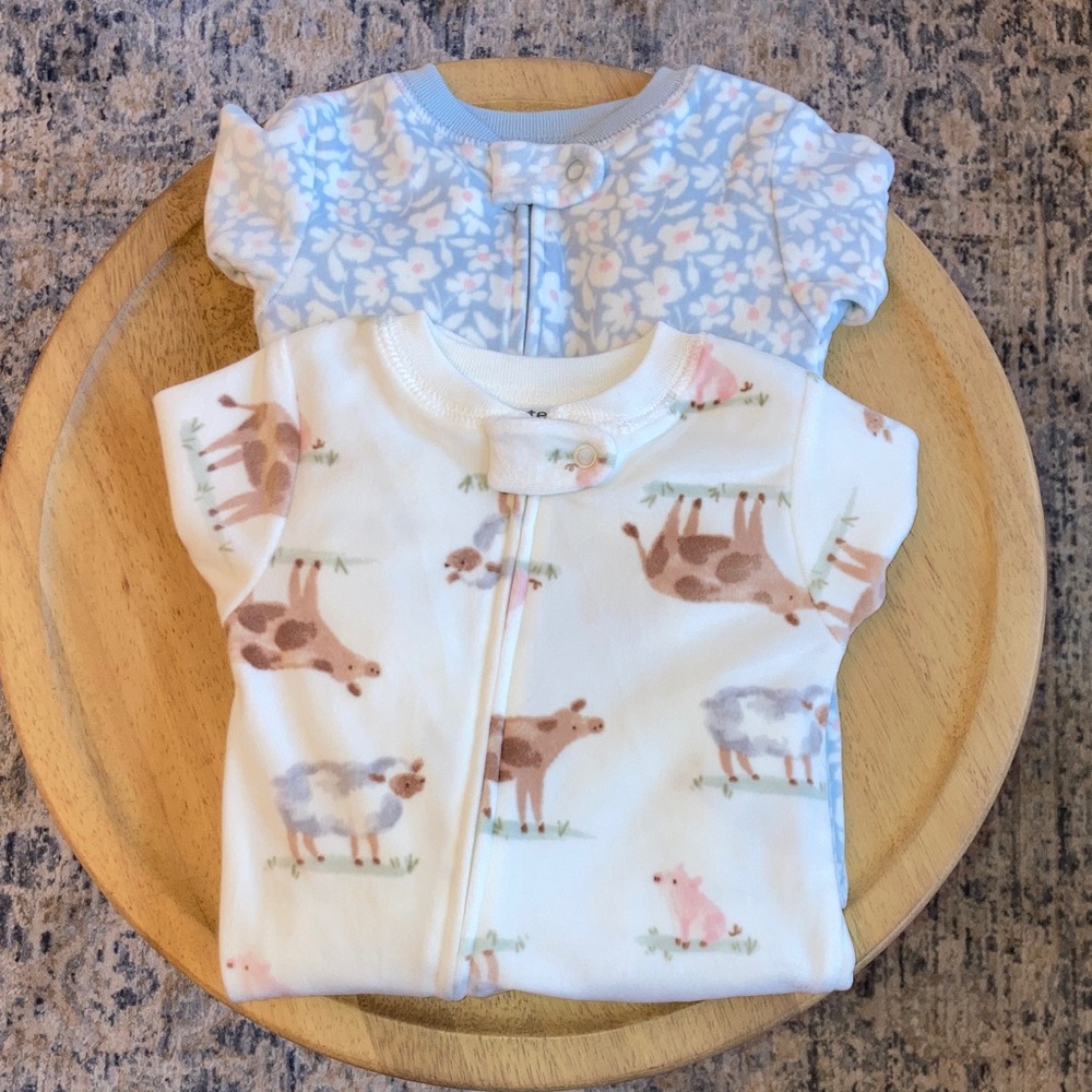#77. Carter’s - Velour Footie Sleepers Set - Blue Floral & Farm Animal Print